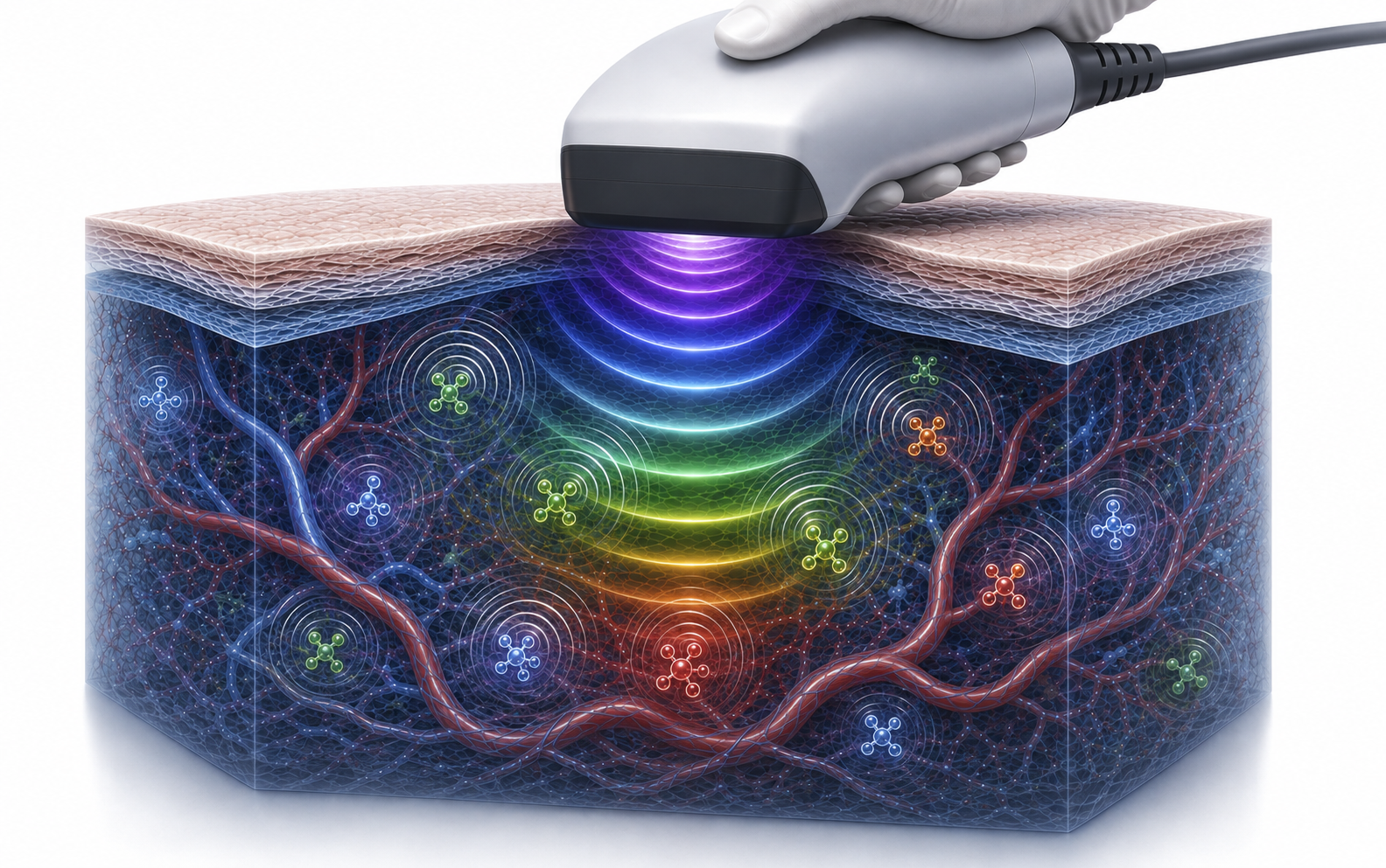 Diagram of optoacoustic imaging: a handheld detector sends laser light into tissue, which emits ultrasound waves